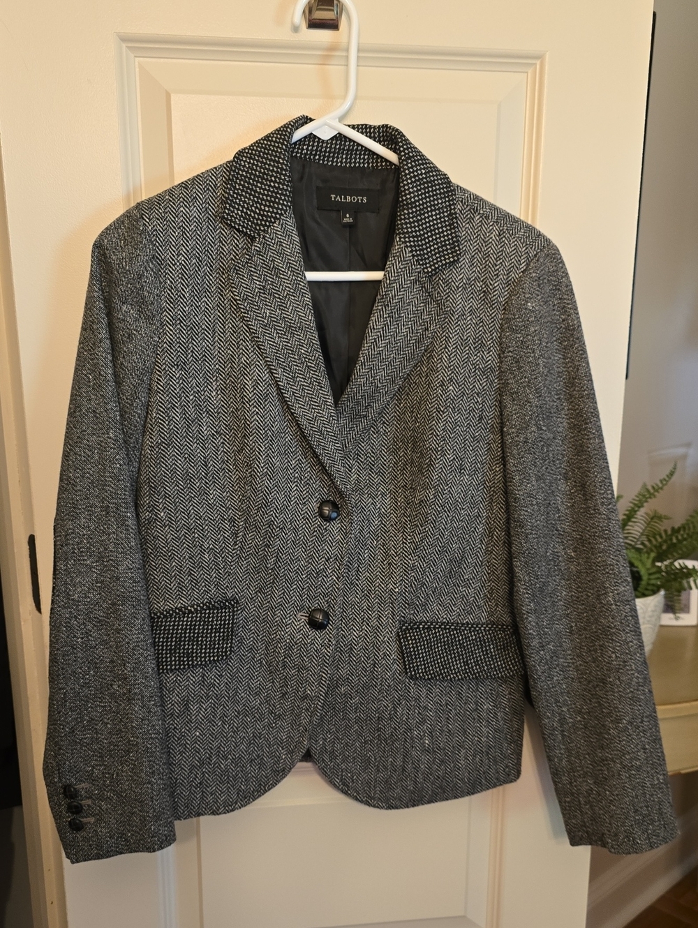 Talbots Black and White Herringbone Blazer with Contrast Trim